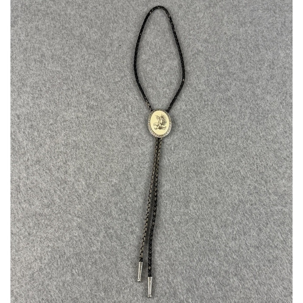 Vintage Western Eagle Bolo Tie Silver Tone Ivory Look Slide Braided Cord